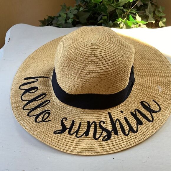 New C C Creation Floppy Paper Straw Hat Embroidered Hello Sunshine - Picture 2 of 6